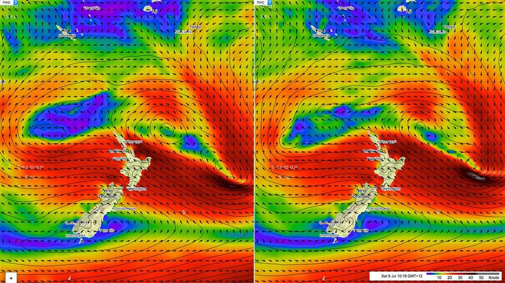 Predictwind - Forecast - Auckland Saturday July 9, 2016 at 1000hrs - showing two feeds and the new Predictwind animated wind format © PredictWind